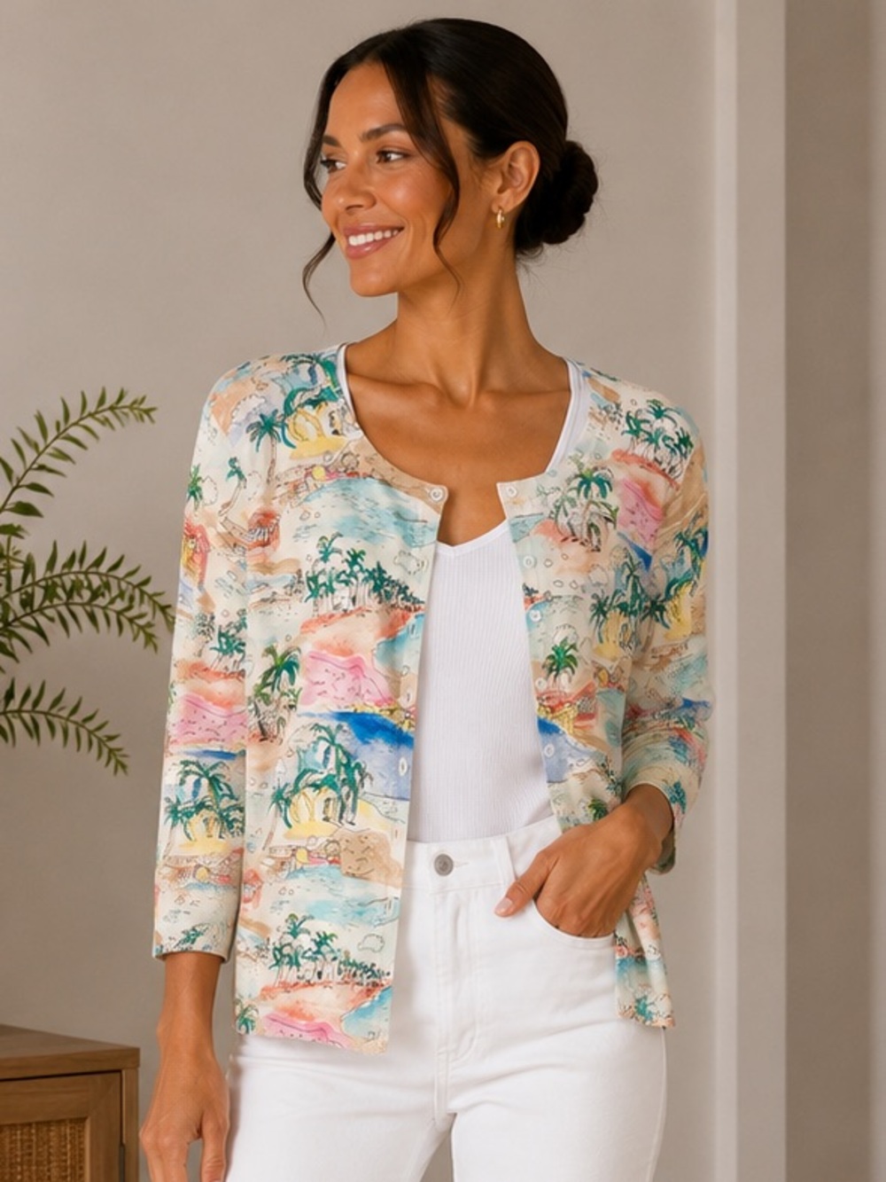 Talbots Tropical Island Print Cardigan Coastal Resort Cotton Blend Petite Large